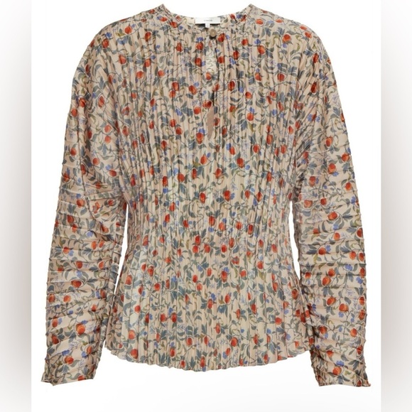 VINCE Pomegranate Pleated V-neck Blouse In Beige Size Large - Picture 1 of 17